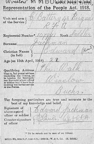 Voter registration card with the name of Edward Jackman